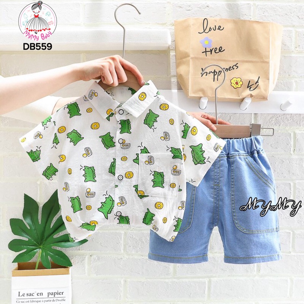 Đồ bộ khủng long xanh lá sơ mi phối túi phong cách, quần jean túi đáng yêu cho trẻ