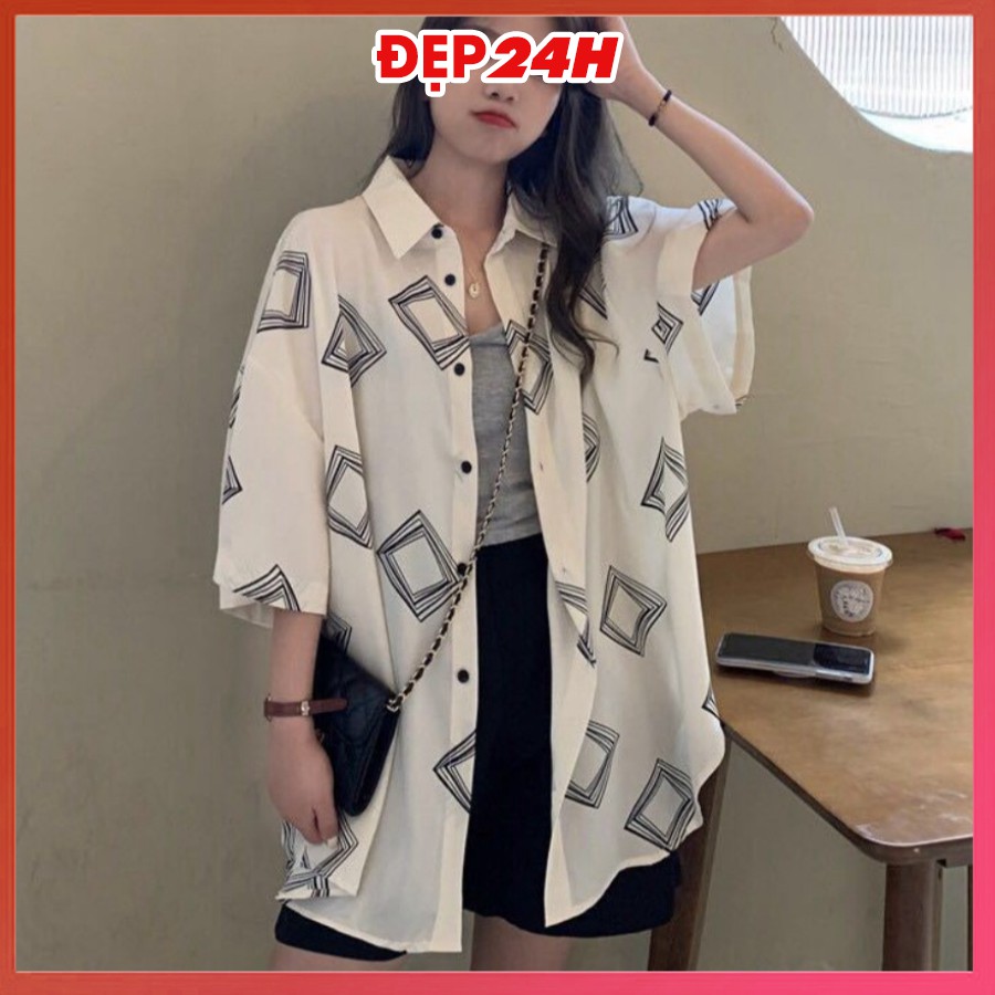 Áo sơ mi nữ form rộng, tay lỡ, freesize, chất liệu Đũi mềm mát, sơ mi kiểu nữ mặc cặp, nhóm in 3D ô Đen Trắng