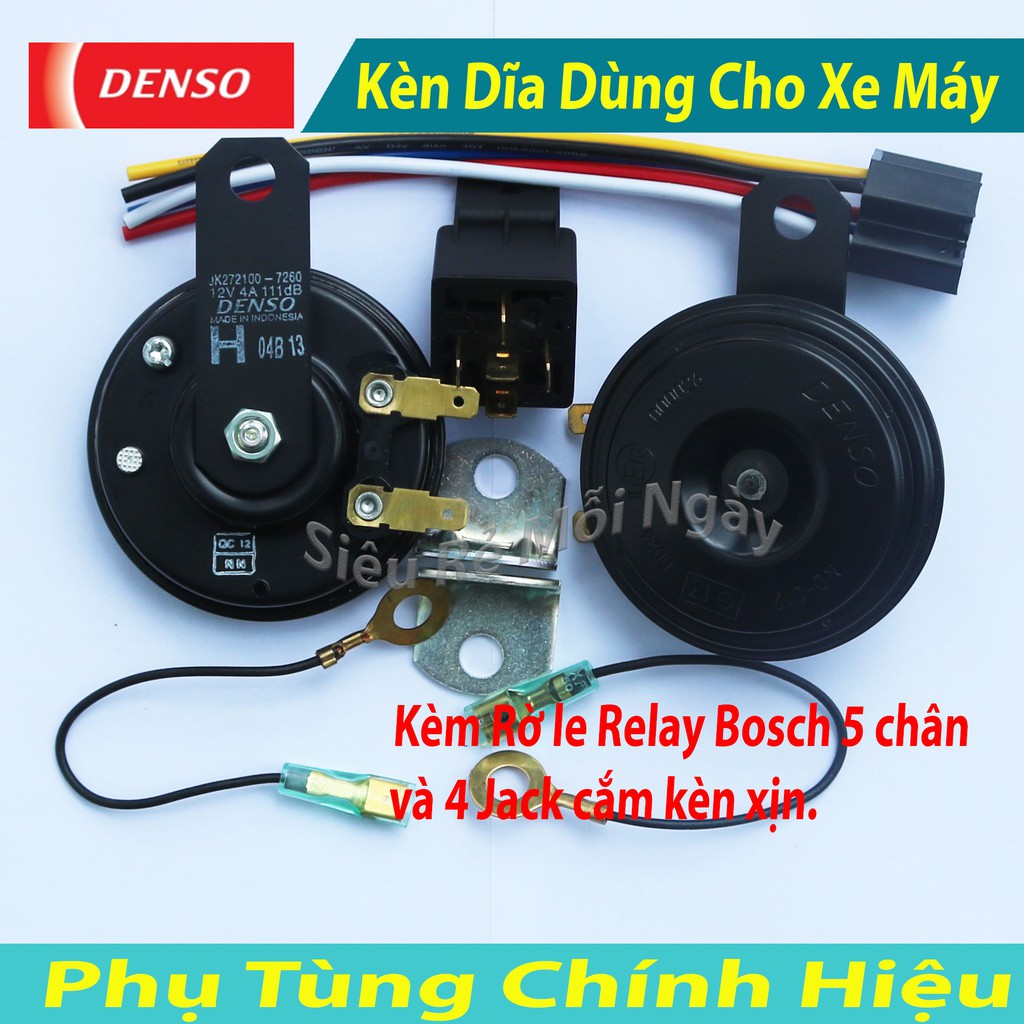 Cặp Kèn Dĩa Denso 12V Dùng Cho Xe Máy Kèm Rờ le Relay Bosch, 5 chân và 4 Jack cắm kèn