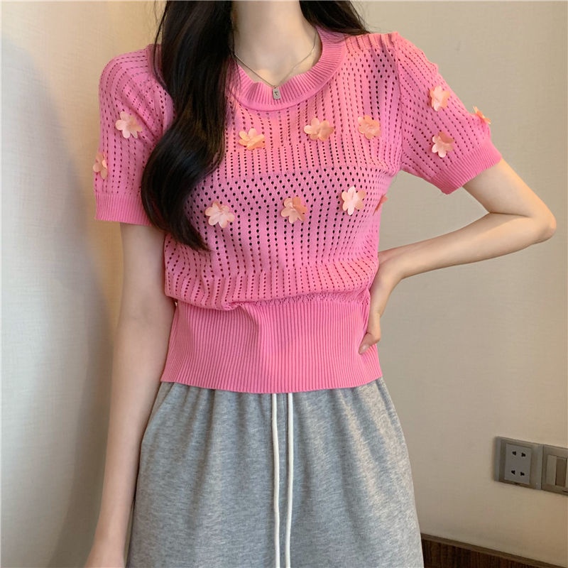 Áo Dệt Kim Tay Ngắn Cổ Tròn Họa Tiết Hoa Dễ Thương Cho Nữ