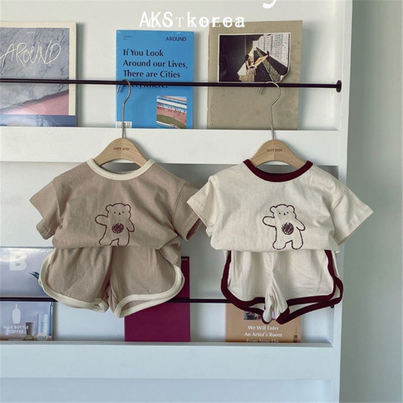 Set Áo Thun Tay Ngắn & Quần Short In Hình Gấu Hoạt Hình Cho Bé Sơ Sinh