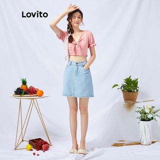 Lovito áo kiểu tay phồng dáng ôm màu trơn phối dây buộc phía trước L11002
