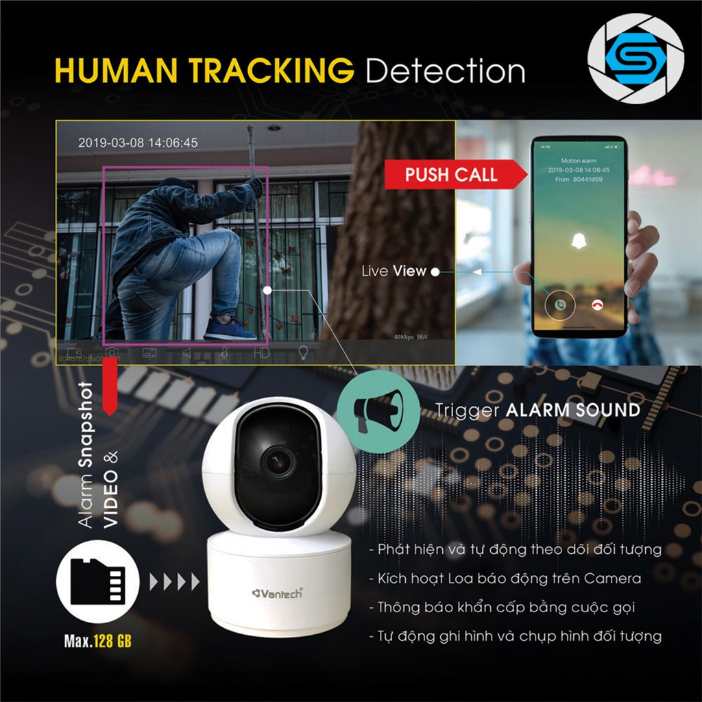 Camera Wifi 4.0MP Trong nhà Vantech 2010C - Đàm thoại 2 chiều - Xoay 360 - Vantech AI 2010C Hỗ trợ thẻ nhớ lên đến 128G