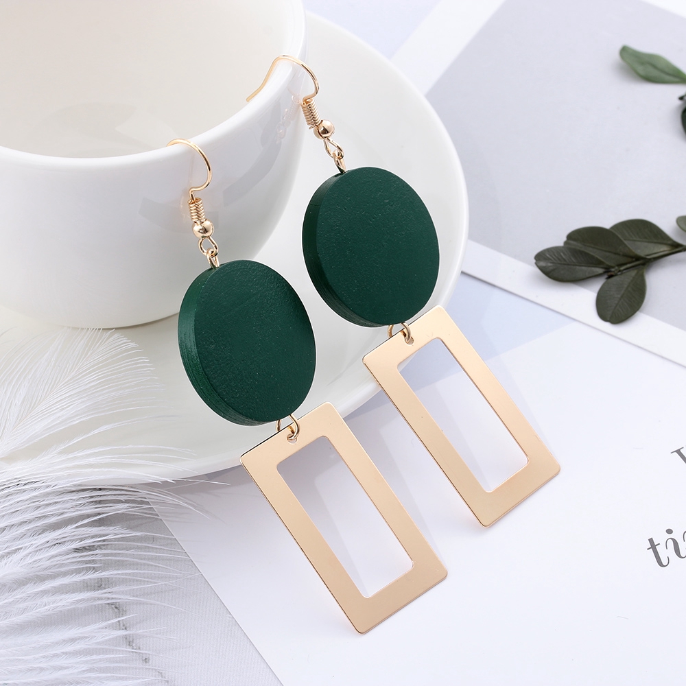 Bông tai kim loại họa tiết hình học dáng dài phong cách thời trang cổ điển