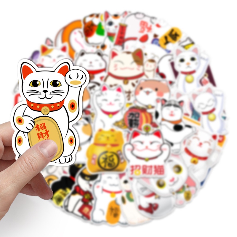 Combo 30 Sticker Chống Nước Decal Dán Điện Thoại Laptop Mũ Bảo Hiểm Vali Guitar Bình Nước Sổ Tay [Mèo May Mắn Nhật Bản]