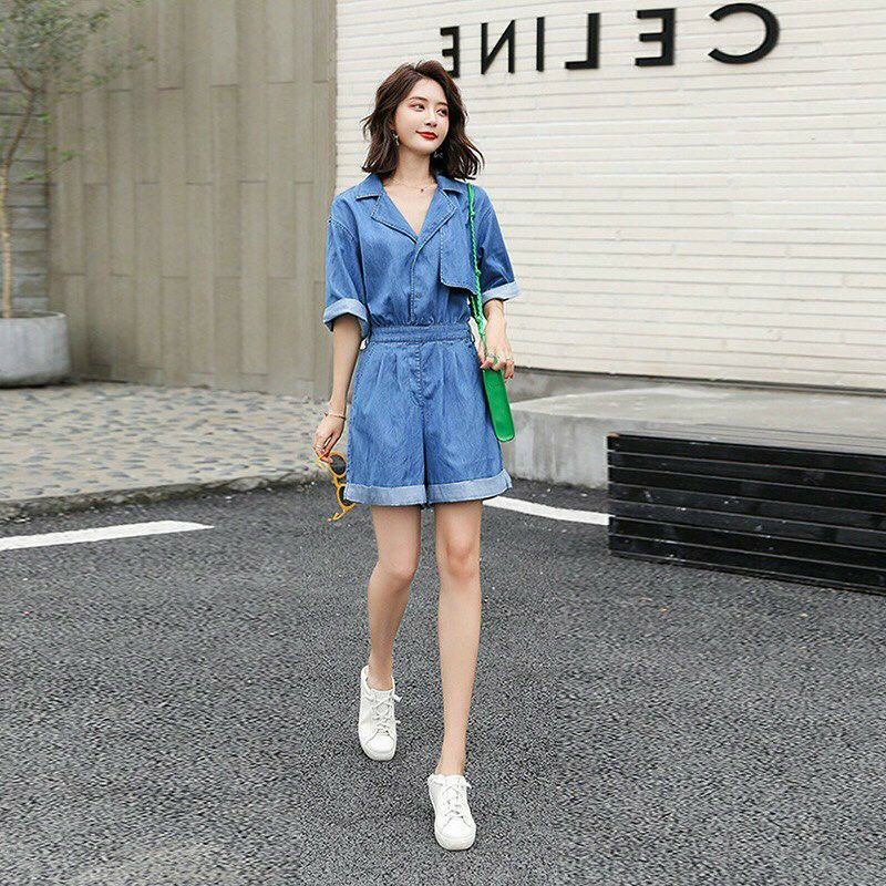 Jumpsuit vải bò ngắn cổ vest, bộ jum vải jean short kiểu đồ bay - DTH