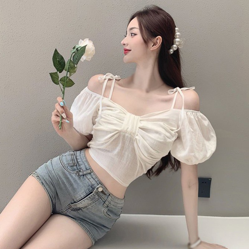 Áo croptop trễ vai phối dây buộc phong cách gợi cảm thời trang cho nữ
