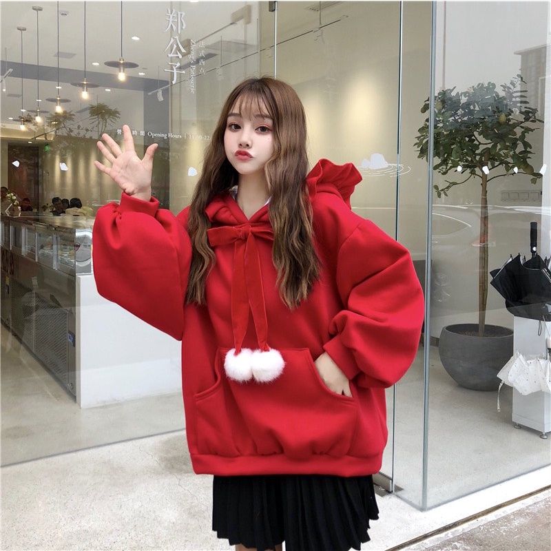 Áo Hoodie Noel Đỏ Mũ Phù Thuỷ 🦋 Áo Thun Trơn Dài Tay Mũ Viền Bèo 🦋 | BigBuy360 - bigbuy360.vn