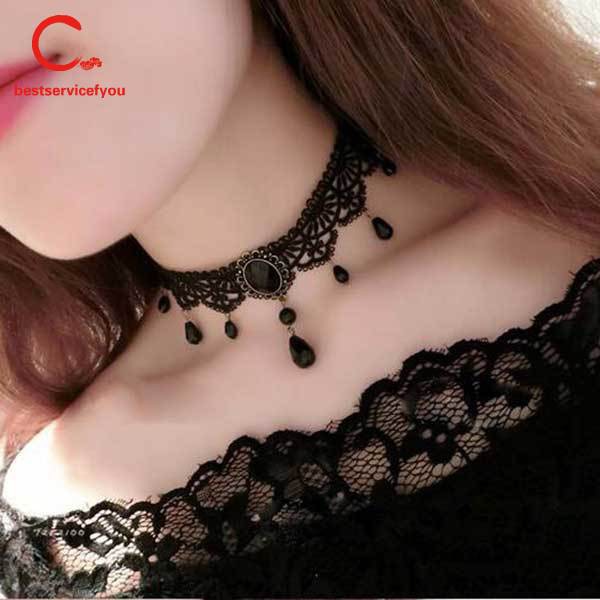 Vòng Cổ Choker Ren Hoa Đen Phối Tua Rua Đá Quyến Rũ Quý Phái Cho Nữ