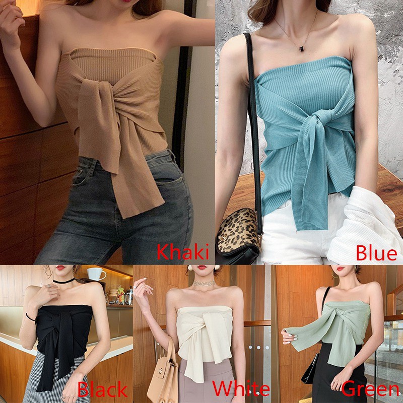 [Baywellfashion]Áo ống dệt kim phối dây đan chéo thiết kế màu trơn thanh lịch