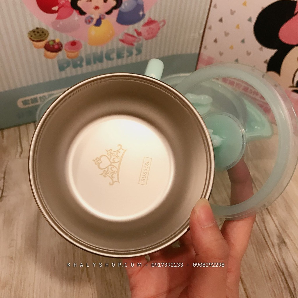 Set 5 món tô, chén muỗng, nĩa và ly có quai cầm inox giữ nhiệt hình công chúa Snow White màu xanh mint siêu hot