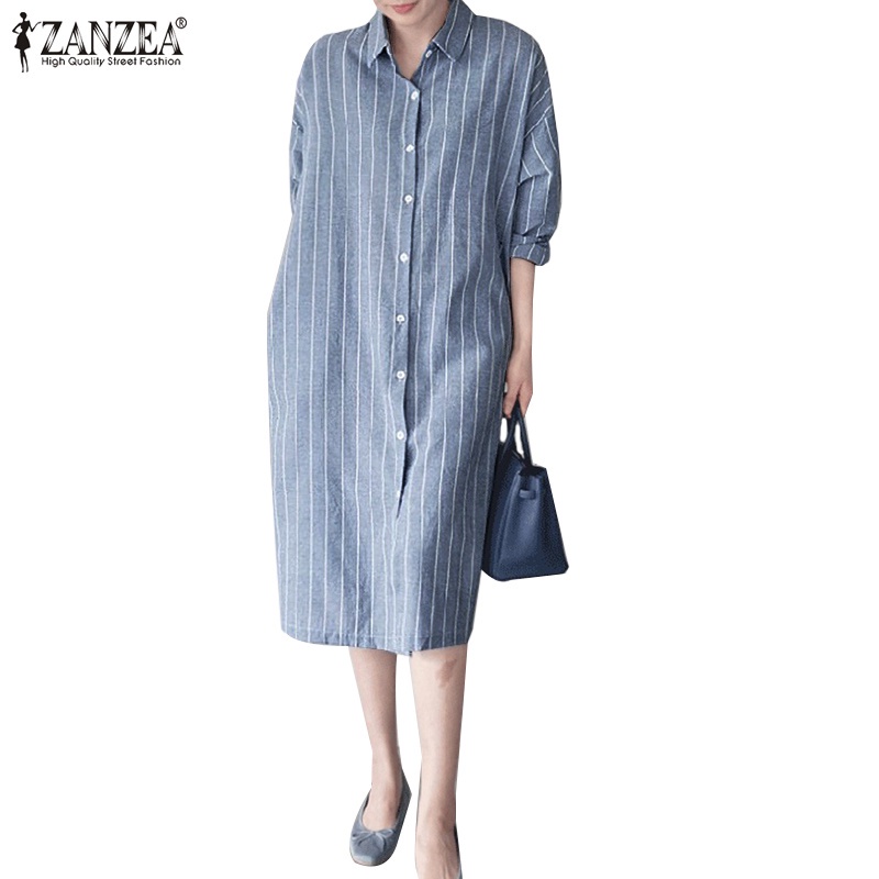 Đầm ZANZEA tay dài họa tiết sọc từ cotton thời trang phong cách retro thanh lịch dành cho nữ