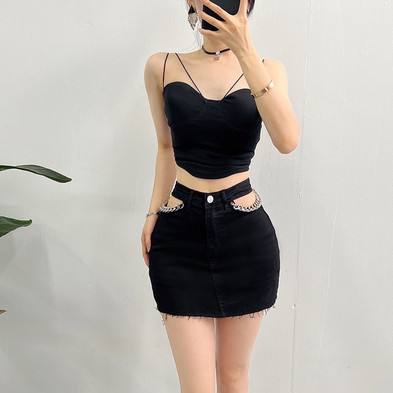 Jiashucheng Chân Váy Denim Chữ a Hở Vai Phối Dây Xích Thời Trang Mùa Hè Quyến Rũ Dành Cho Nữ