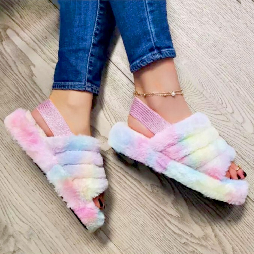 ♉Gd Fashion Women Faux Fur Elastic Band Anti Slip Platform Sandals Open Toe Slippers_part3