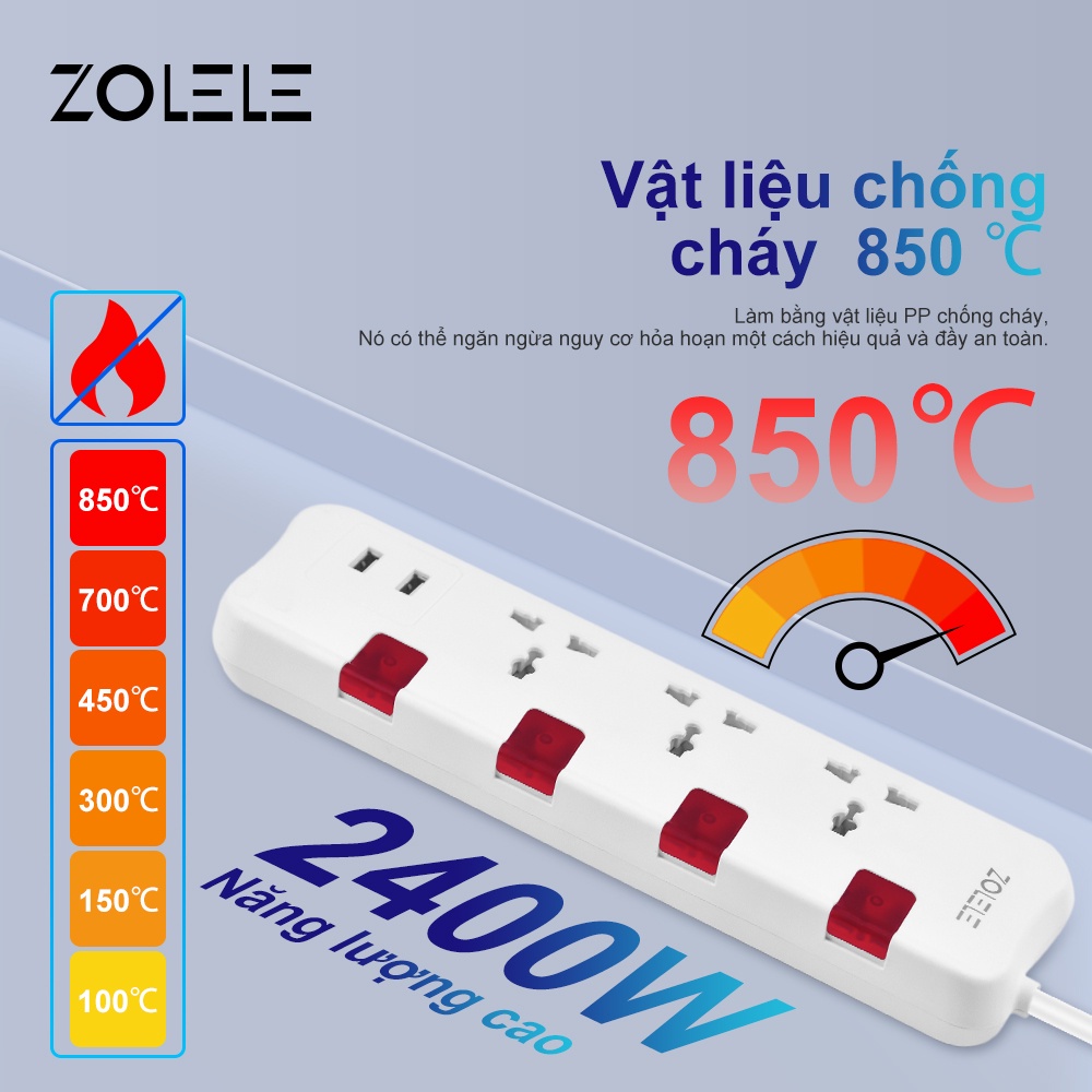 Ổ Cắm Điện Đa Năng zolele zk100 Dây nối dài 3M-3 lỗ 2USB-Chống sét-Bảo vệ quá tải-Công tắc độc lập 2400W - Chính hãng
