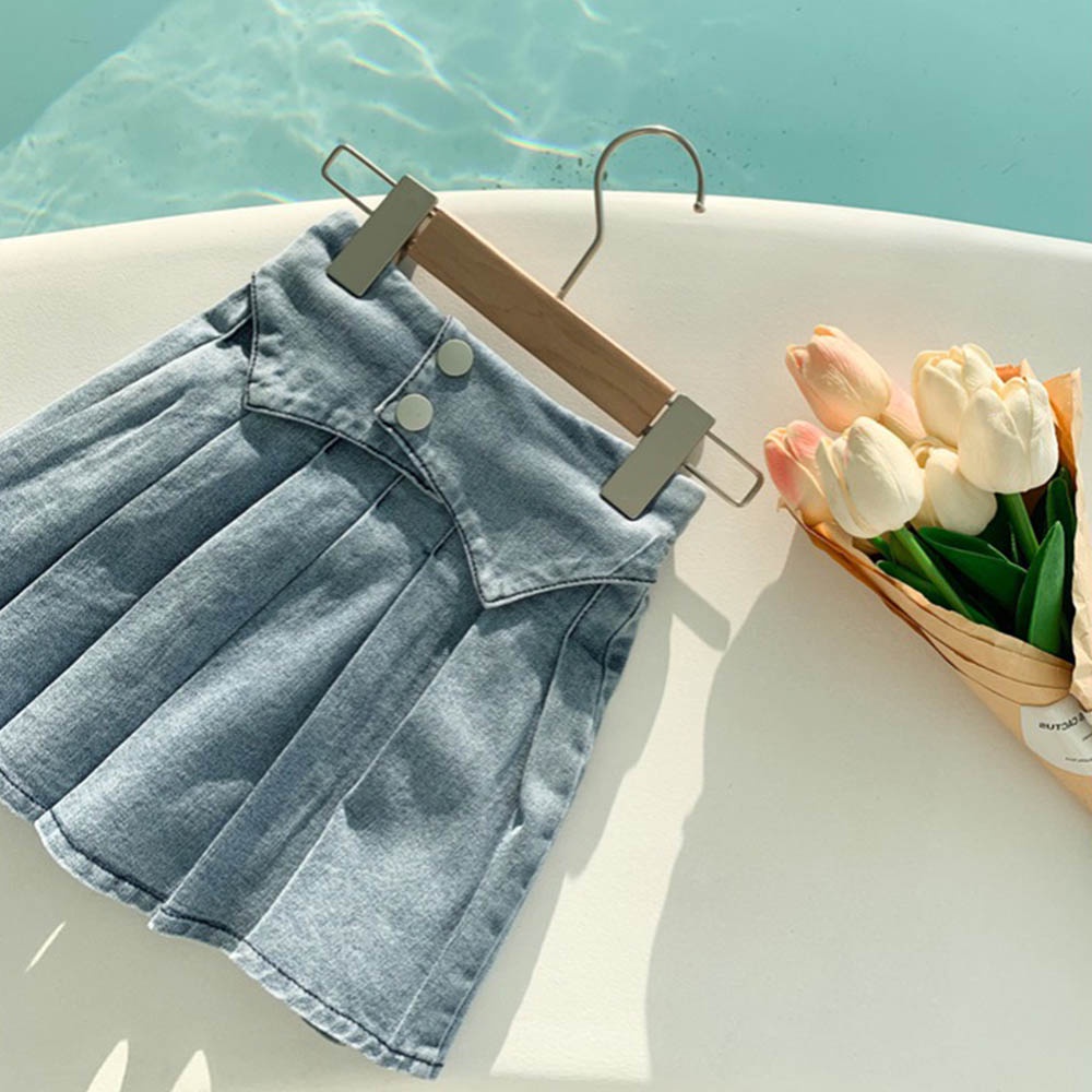 Đầm denim Bear Leader xếp ly màu trơn phong cách mùa hè 2022 cho bé 2-7 tuổi