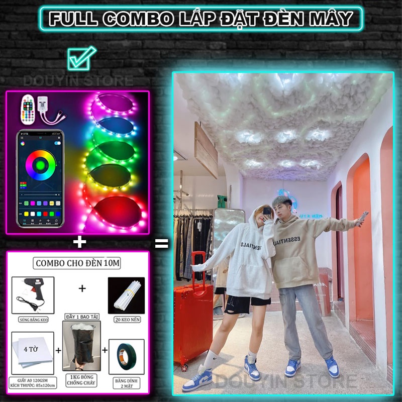 COMBO Phụ kiện bông làm đèn đám mây đèn led dây 5m,10m mix màu
