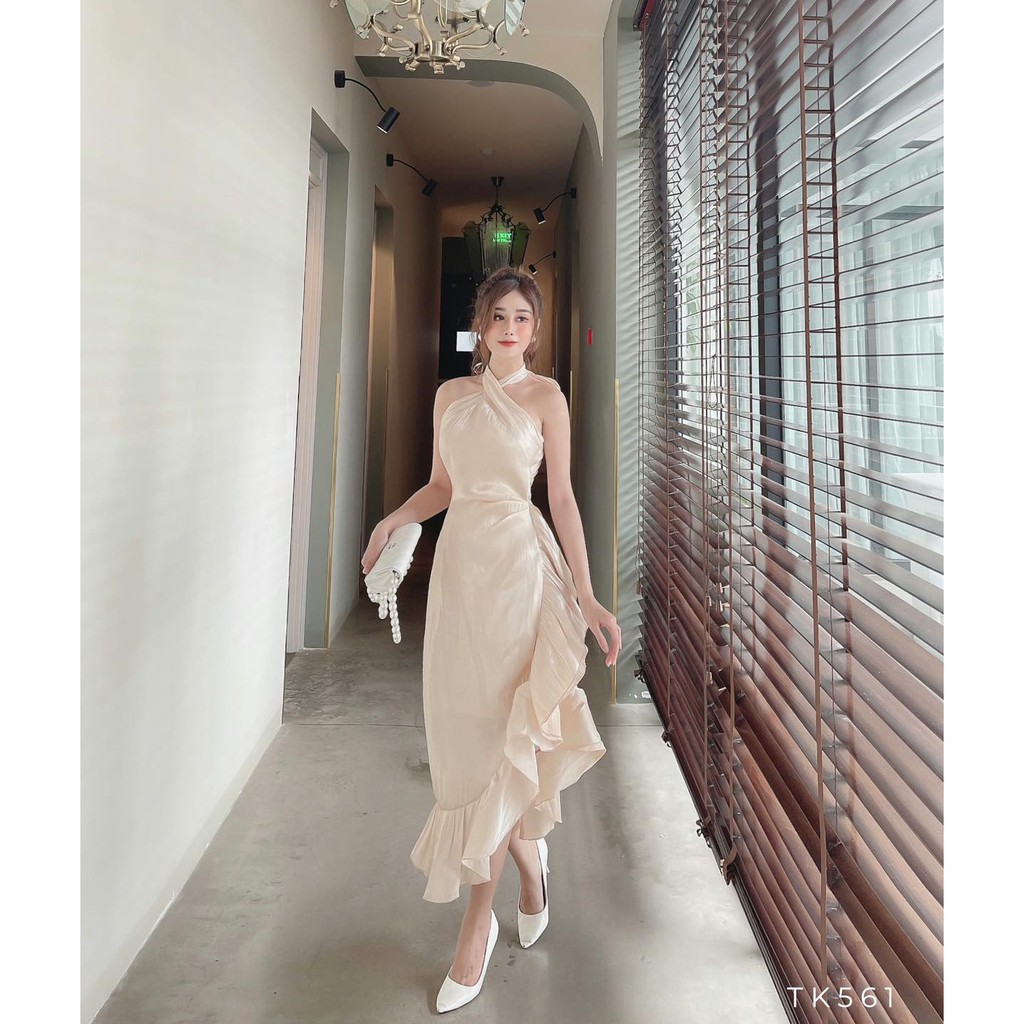 [HÀNG THIẾT KẾ CAO CẤP] Đầm Maxi Cổ Yếm Chất Orangza Tôn Dáng Màu Nude Đi Tiệc Sang Trọng