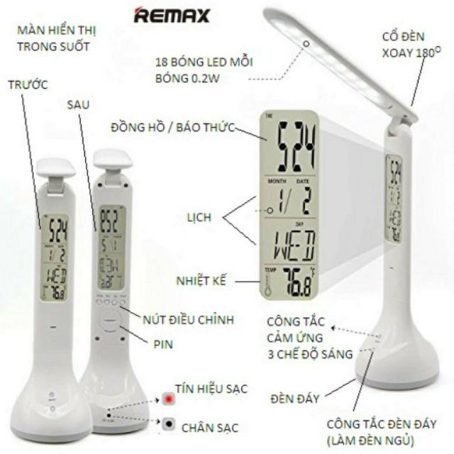 ĐÈN LED CHỐNG CẬN REMAX RT- E 185 2W CHÍNH HÃNG KIÊM CHUÔNG BÁO THỨC, NHIỆT ĐỘ NGÀY GIỜ HIỂN THỊ ĐÈN LED - BH 1 NĂM