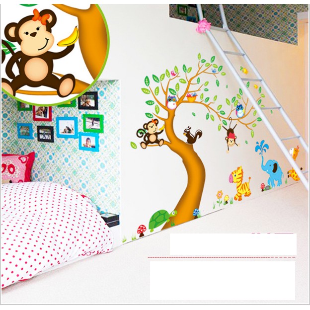 Decal trang trí tường - Thân Cây lá sắc màu vòng cung và các thú vui chơi ( 60X90cmx2 )