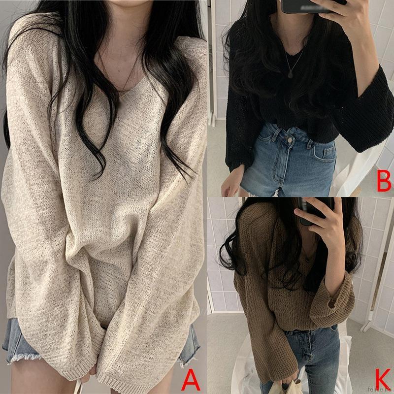 Áo dệt kim mỏng dáng rộng tay dài 3 màu trơn tùy chọn cho nữ