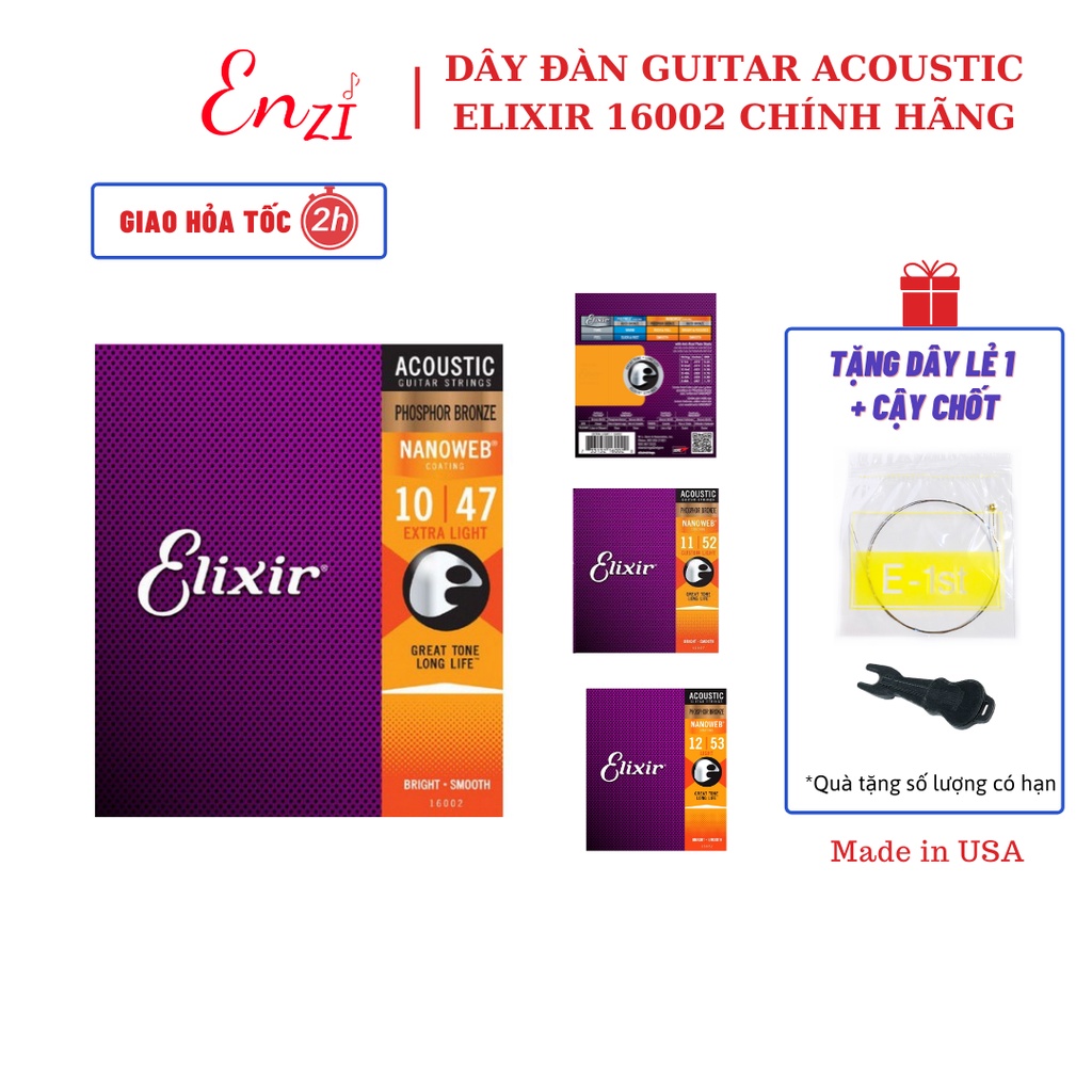 Dây đàn guitar acoustic elixir 16027 Phosphor Bronze Nanoweb cỡ 11 dây đàn Elixir 16052 và 16002 chính hãng