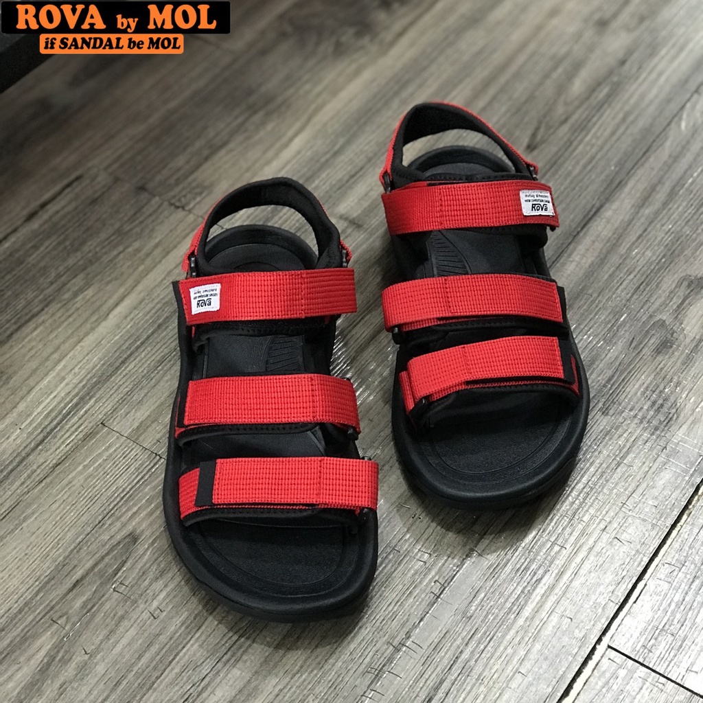 Giày sandal nam hiệu Rova siêu bền 3 quai ngang đế cao su quai dù đi làm đi học màu đỏ mã RV183-1