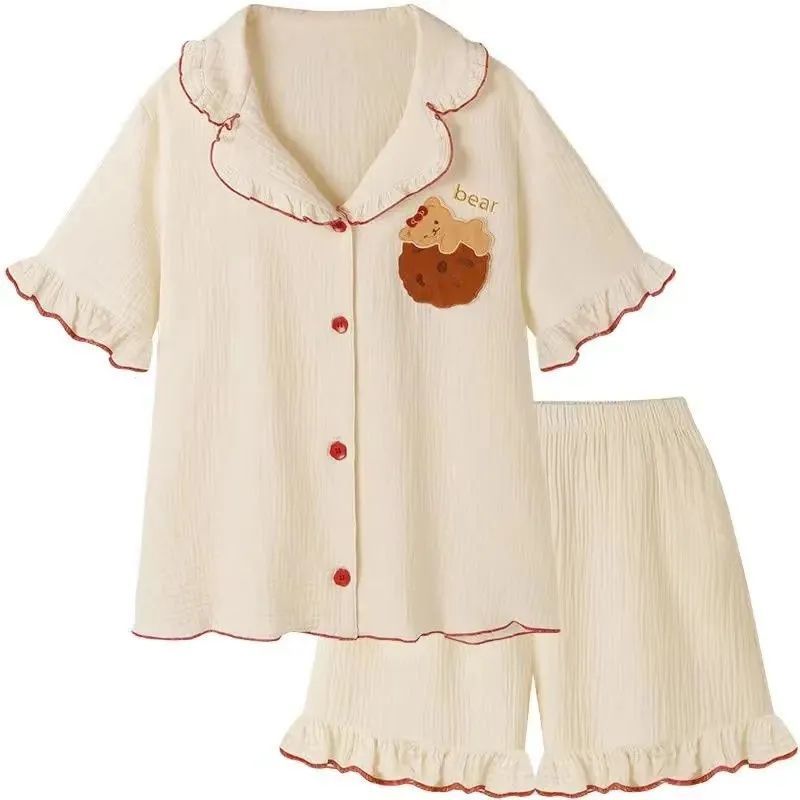 Bộ đồ ngủ mặc nhà vải Cotton ngắn tay kiểu Nhật Hàn dễ thương