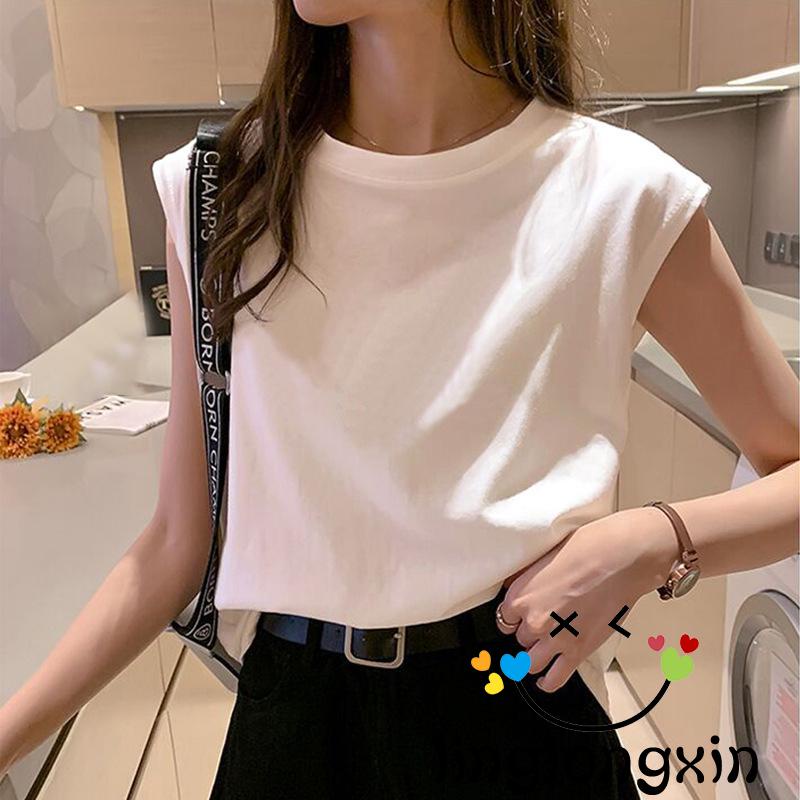 ♠VT✲Women Summer Tank Tops, Solid Color Round-Neck Sleeveless Casual Vest Tops, Streetwear for Ladies, White/Black