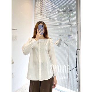 Áo sơ mi không cổ, cổ vuông viền chỉ trang trí [2YOUNG] A1330 (ảnh thật)