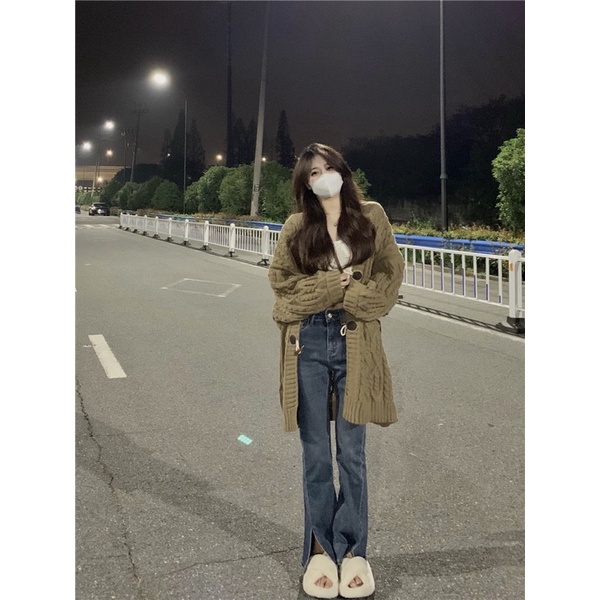 Áo cardigan len thừng dáng lửng màu nâu