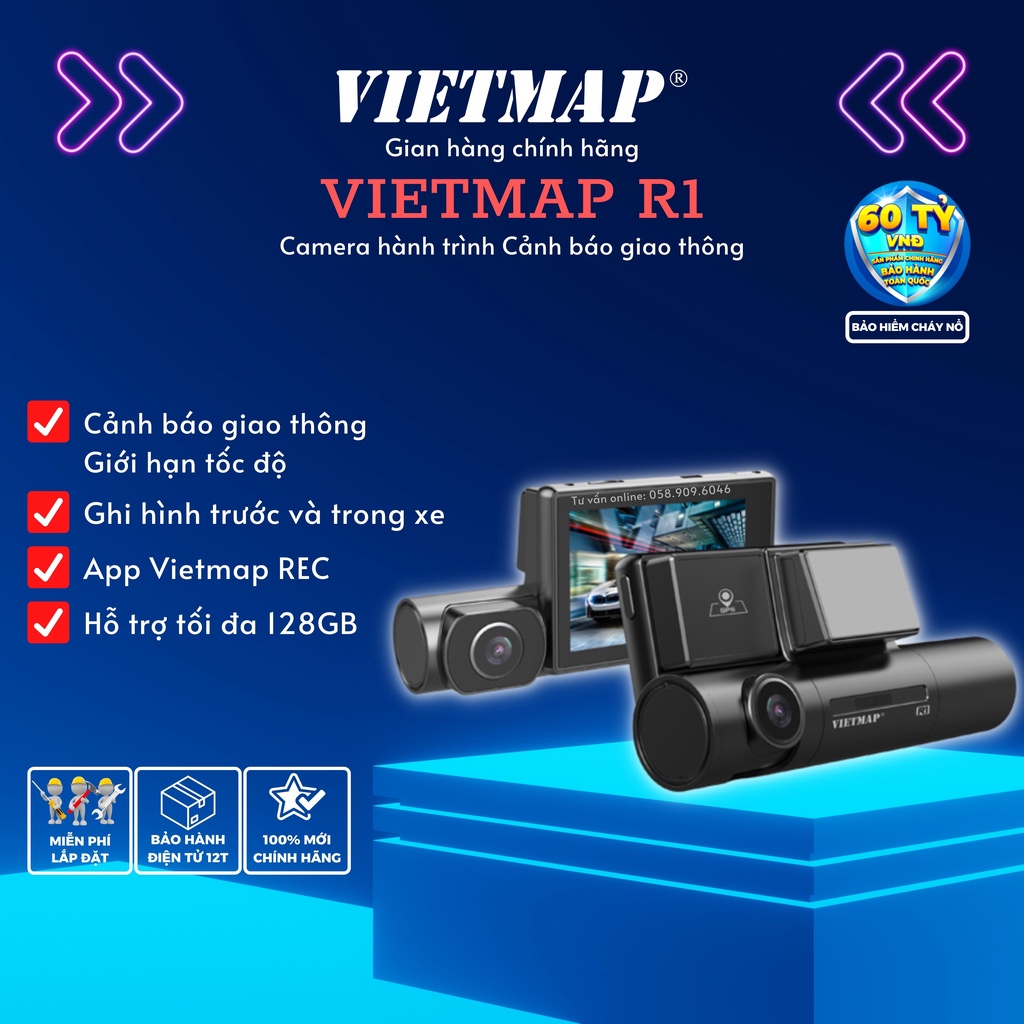 Vietmap R1 - Cảnh báo giao thông bằng giọng nói - Camera hành trình ô tô ghi hình trước và bên trong xe