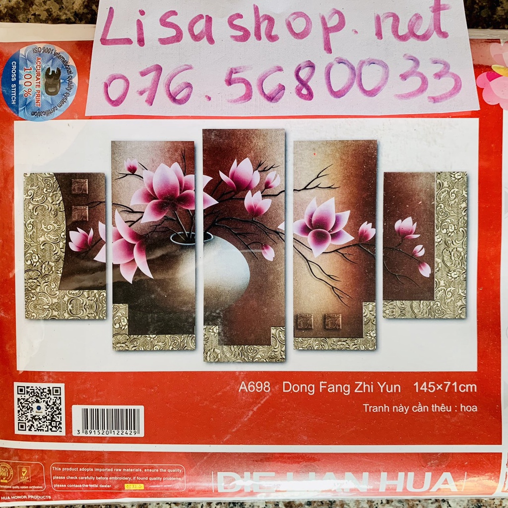 Tranh thêu chữ thập BÌNH HOA 145x71cm chưa thêu 3d a698