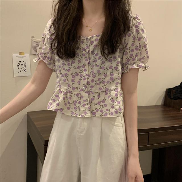 Áo Kiểu Cổ Vuông Tay Ngắn In Hoạ Tiết Hoa Xinh Xắn Dành Cho Nữ  tao bao