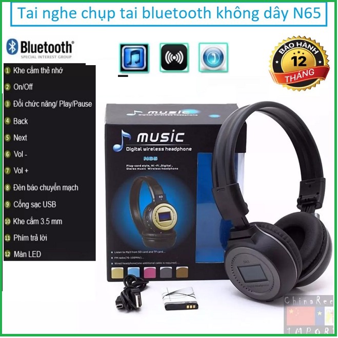 Tai nghe Bluetooth N65-BT,tai nghe chụp tai - có đèn led  (Radio, Microsd, DJ,..FM) âm thanh siêu bass cực chuẩn