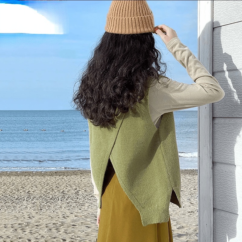 Áo Len Cổ Chữ V Xẻ Sau Lưng Phong Cách Mori Phương Tây Tươi Mới