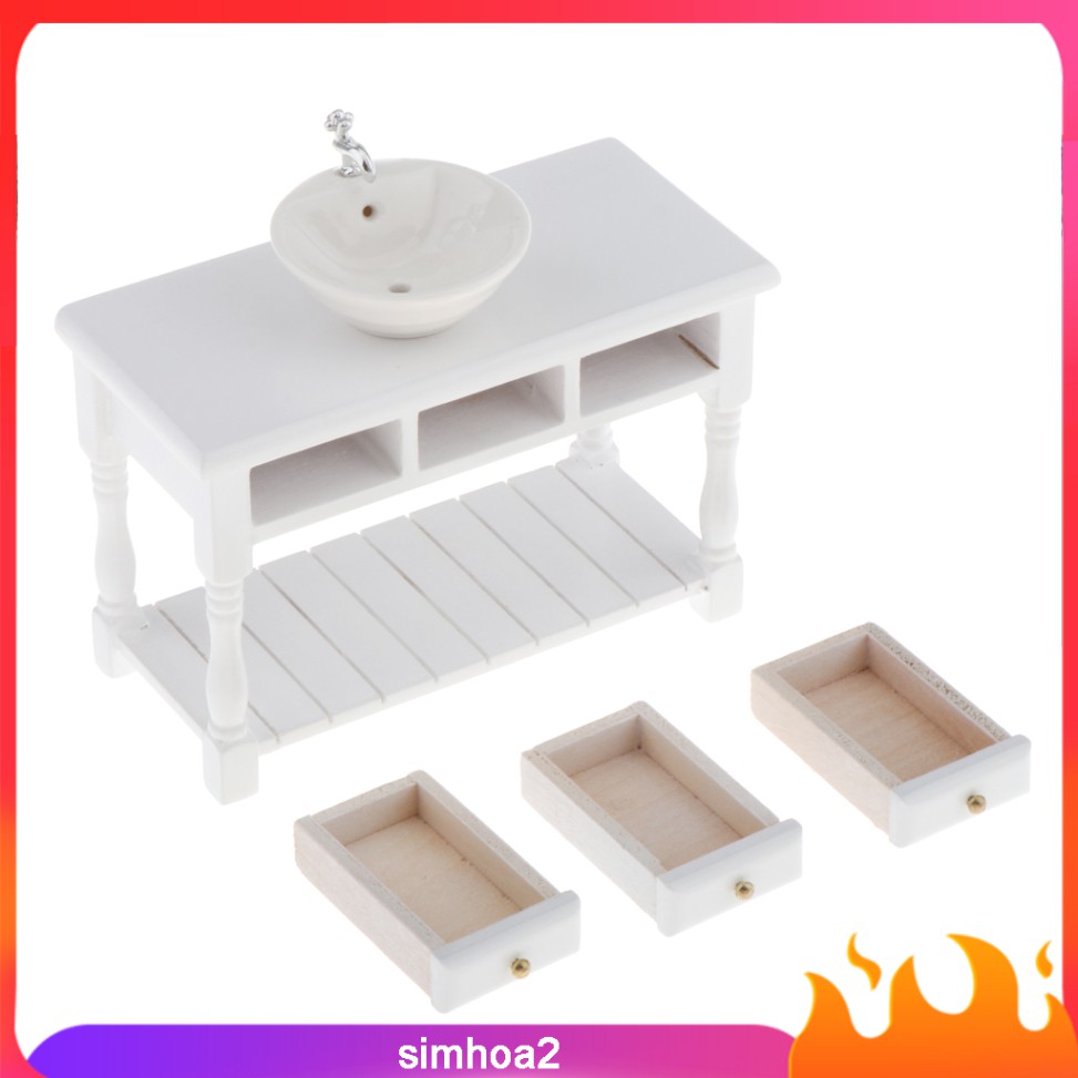 Set 2 Bồn Rửa Mặt Bằng Gốm Sứ 1 / 12 + Tủ Cho Nhà Búp Bê