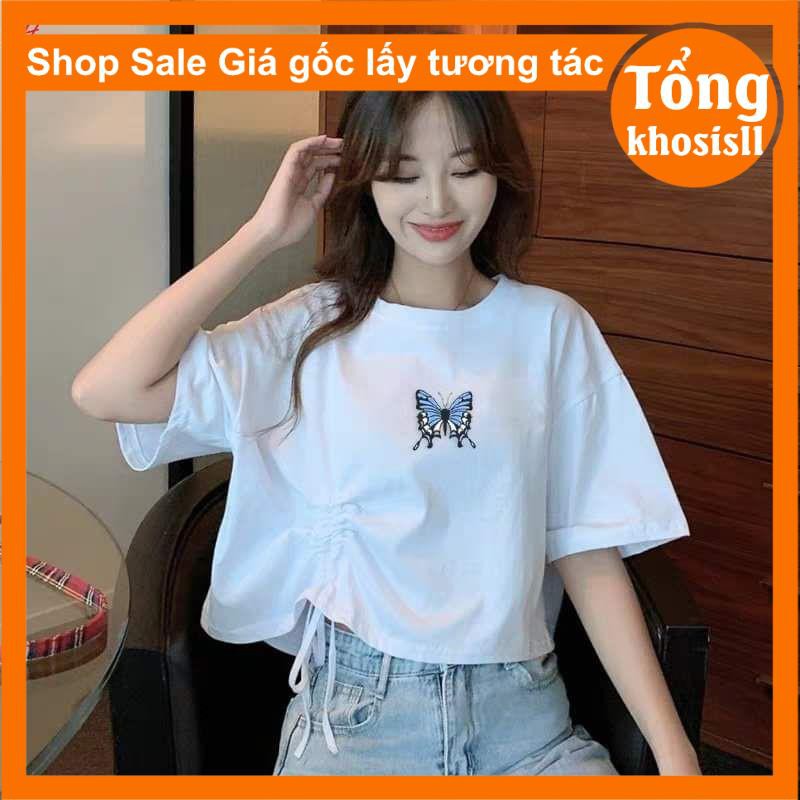 áo thun croptop nữ logo logo màu xanh nhỏ có dây rút hông freesize chất cotton mềm mát