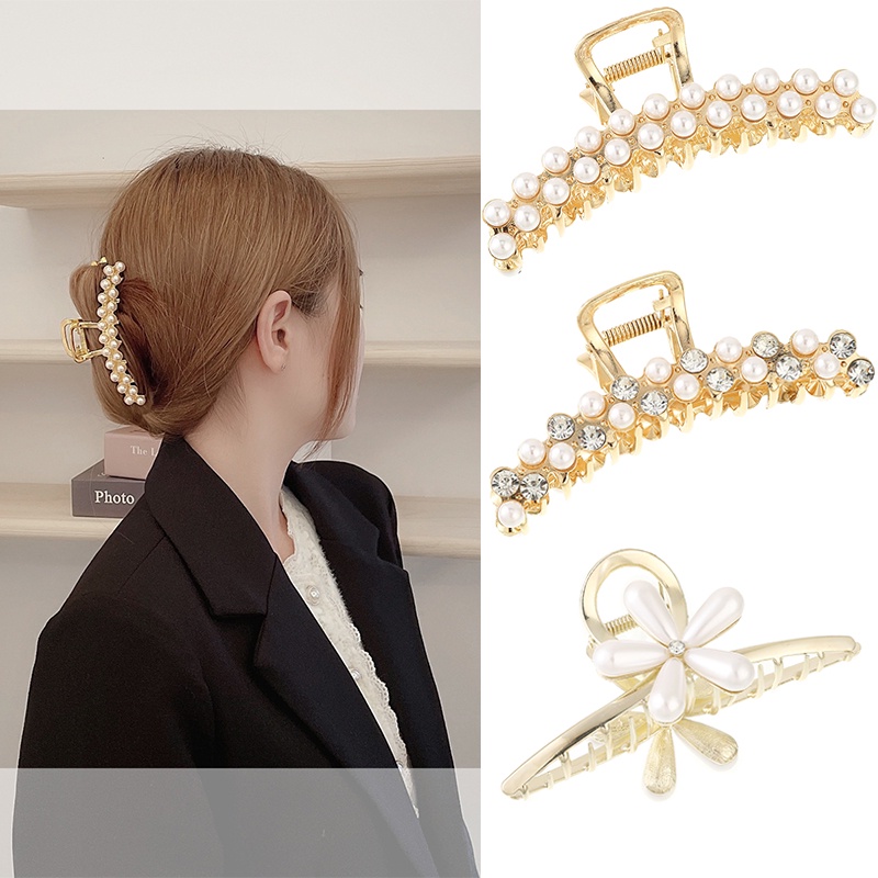 Haimeikang kẹp tóc kim loại lớn đính đá và ngọc trai nhân tạo thời trang