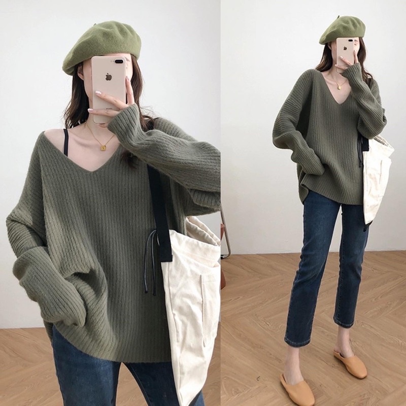 Áo Len Cổ Tim Dáng Oversize Chất Len Tăm Siêu Dày Phom Rộng Hàn Quốc | BigBuy360 - bigbuy360.vn