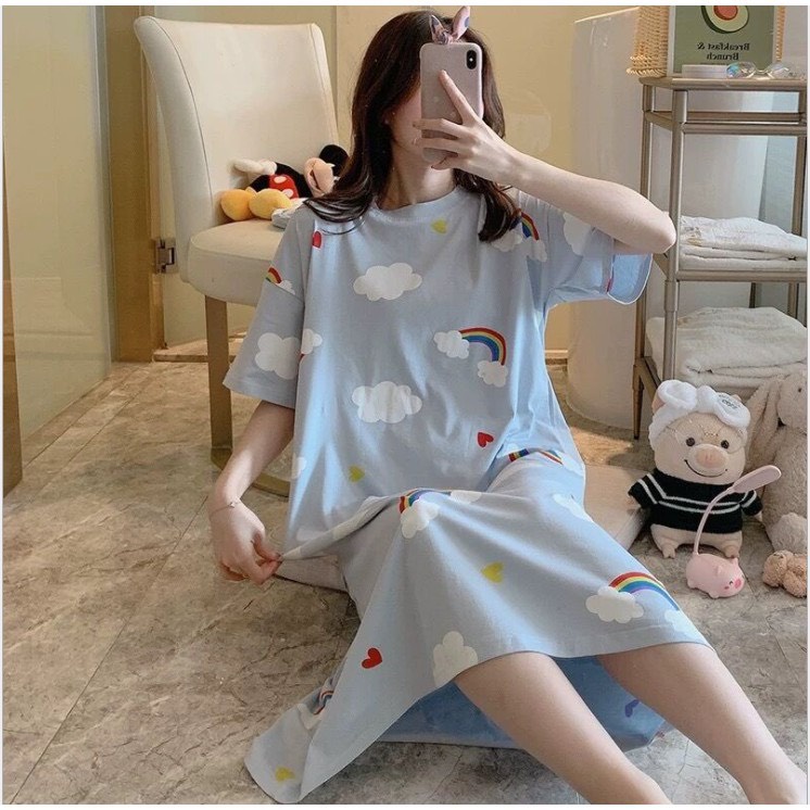 Đầm ngủ, Váy ngủ nữ mặc nhà cộc tay họa tiết dáng suông chất liệu cotton co giãn thoải mái  VN110