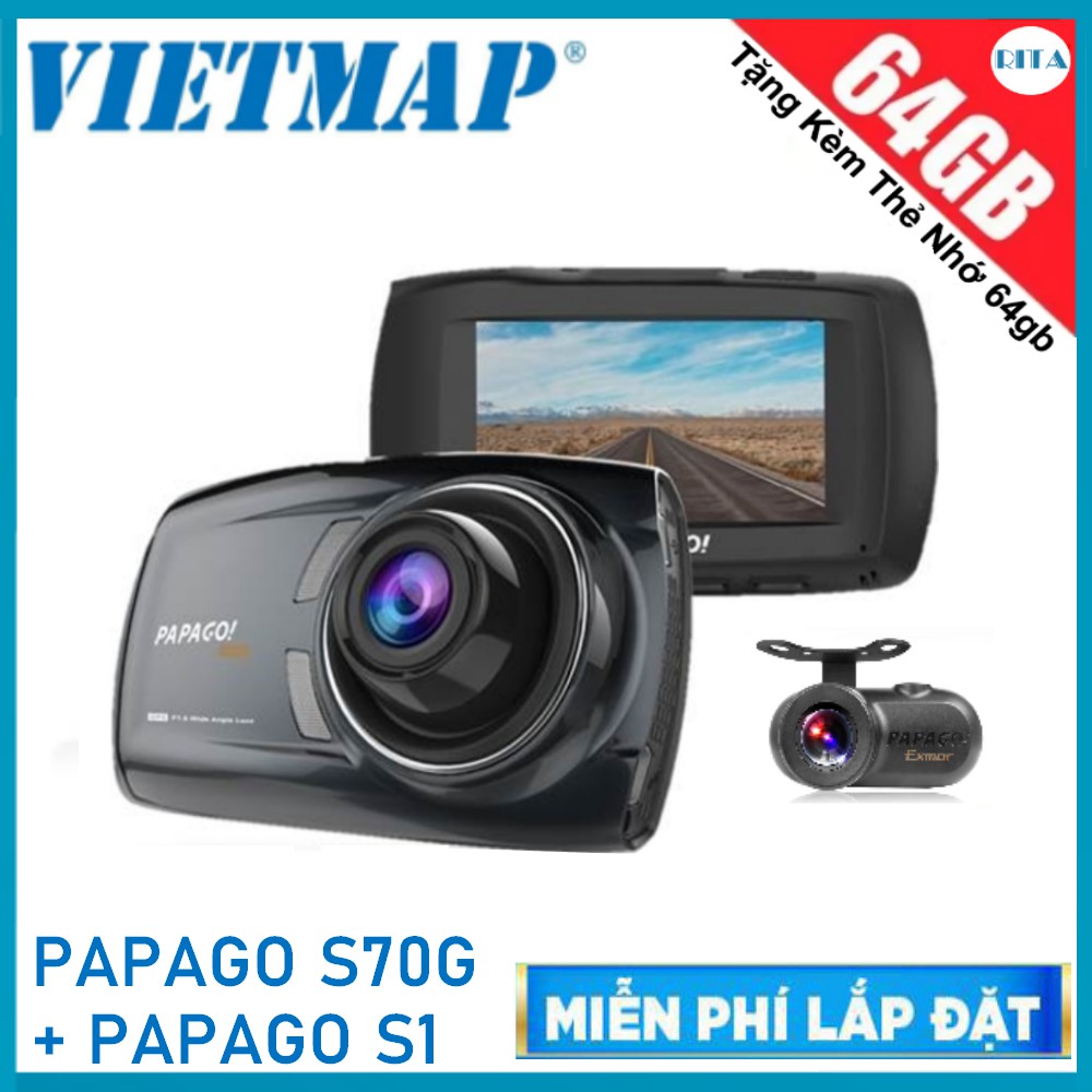 Camera hành trình Vietmap Papago S70G + Camera sau Papago S1 (Kèm Thẻ Nhớ 64Gb + Lắp Đặt) | BigBuy360 - bigbuy360.vn
