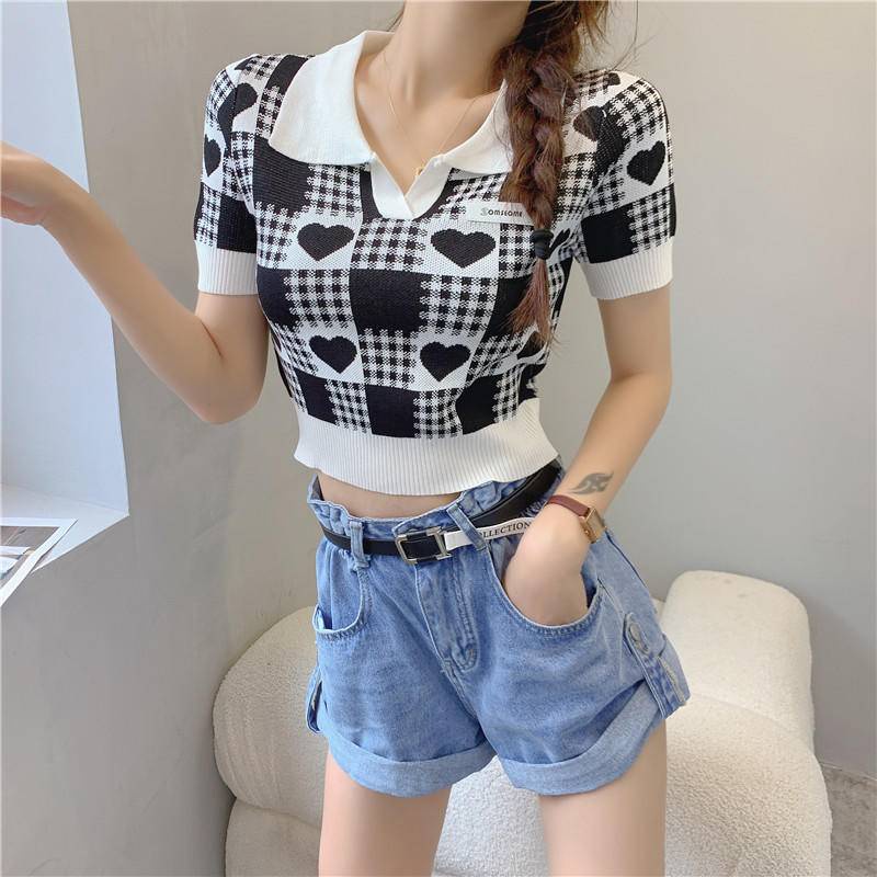 Áo Thun polo Ngắn Tay Dệt Kim Mỏng Ôm Dáng Họa Tiết Sọc Ca Rô Thời Trang Mùa Hè Cho Nữ