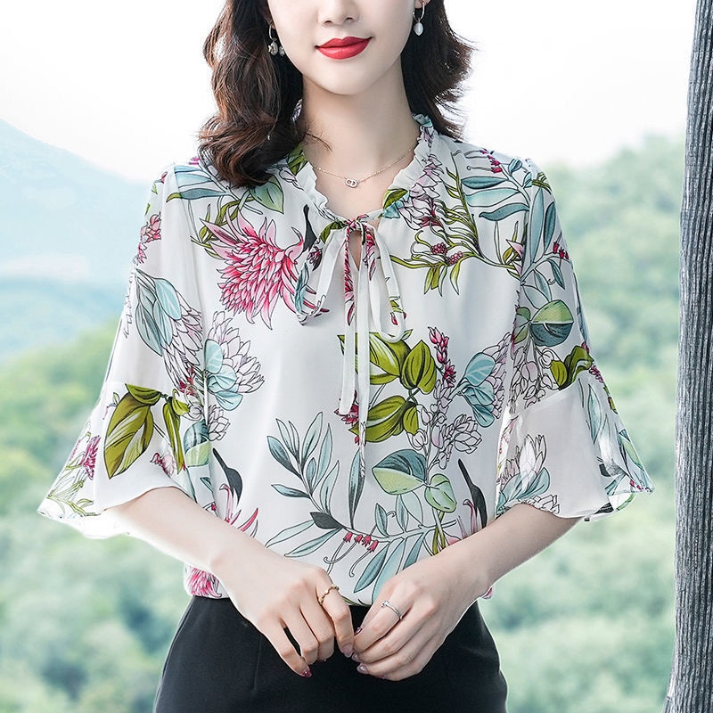 Áo sơ mi chiffon tay dài dáng rộng in họa tiết thời trang cho phụ nữ trung niên