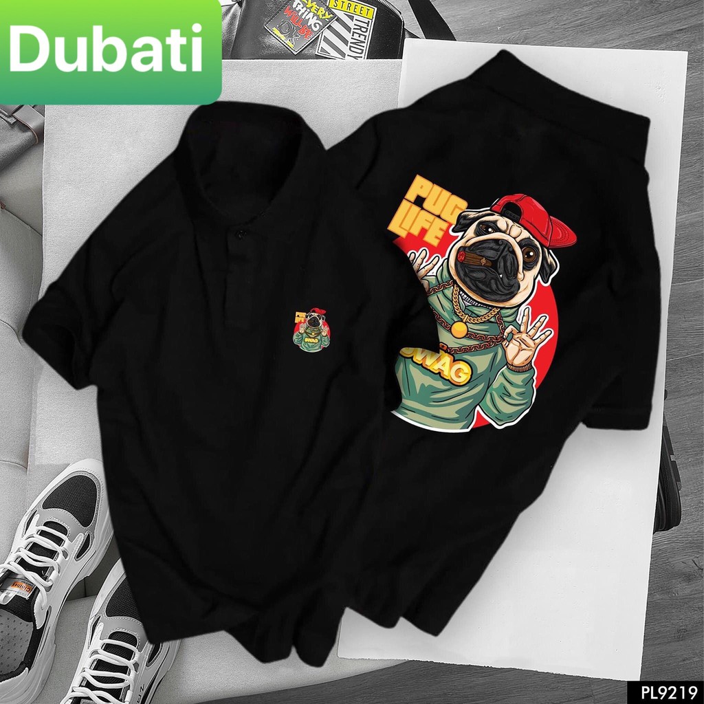 ÁO THUN, ÁO PHÔNG, ÁO THUN POLO CỔ TRỤ NAM NỮ MÀU ĐEN TAY NGẮN CÓ CỔ BẺ VẢI ĐẸP MỊN IN CHÓ ĐỘI NÓN  -DUBATI FASHION