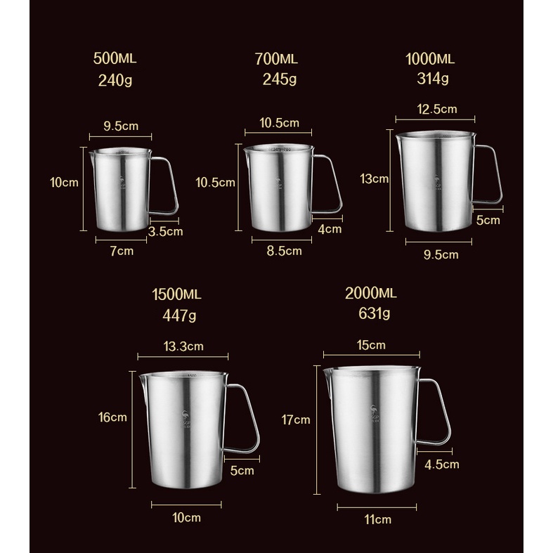 Ca inox 304 có vạch đo bên trong hàng cao cấp - SSGP - 500mL, 1000mL, 2000mL