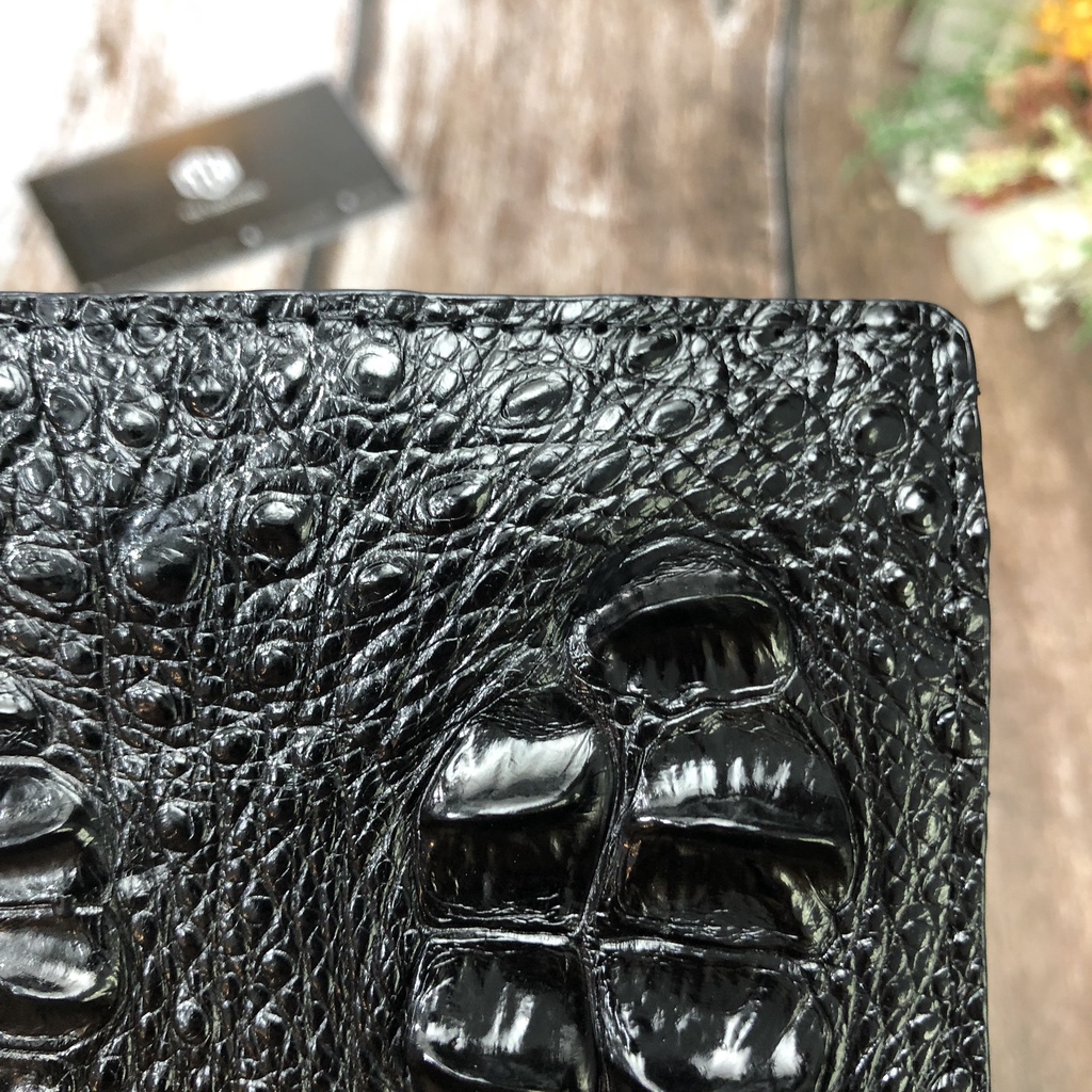 Ví Da Cá Sấu Gù Đầu 2 Mặt, Bóp Nam Da Gai Lưng Gù Đầu 2 Mặt Màu Đen, Kiếu Dáng Ngang - BH 24 Tháng