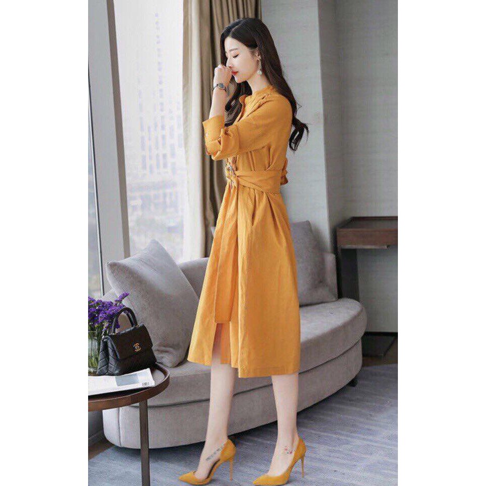 Đầm Nữ Vàng Cam Suông Tay Dài Thắt Eo