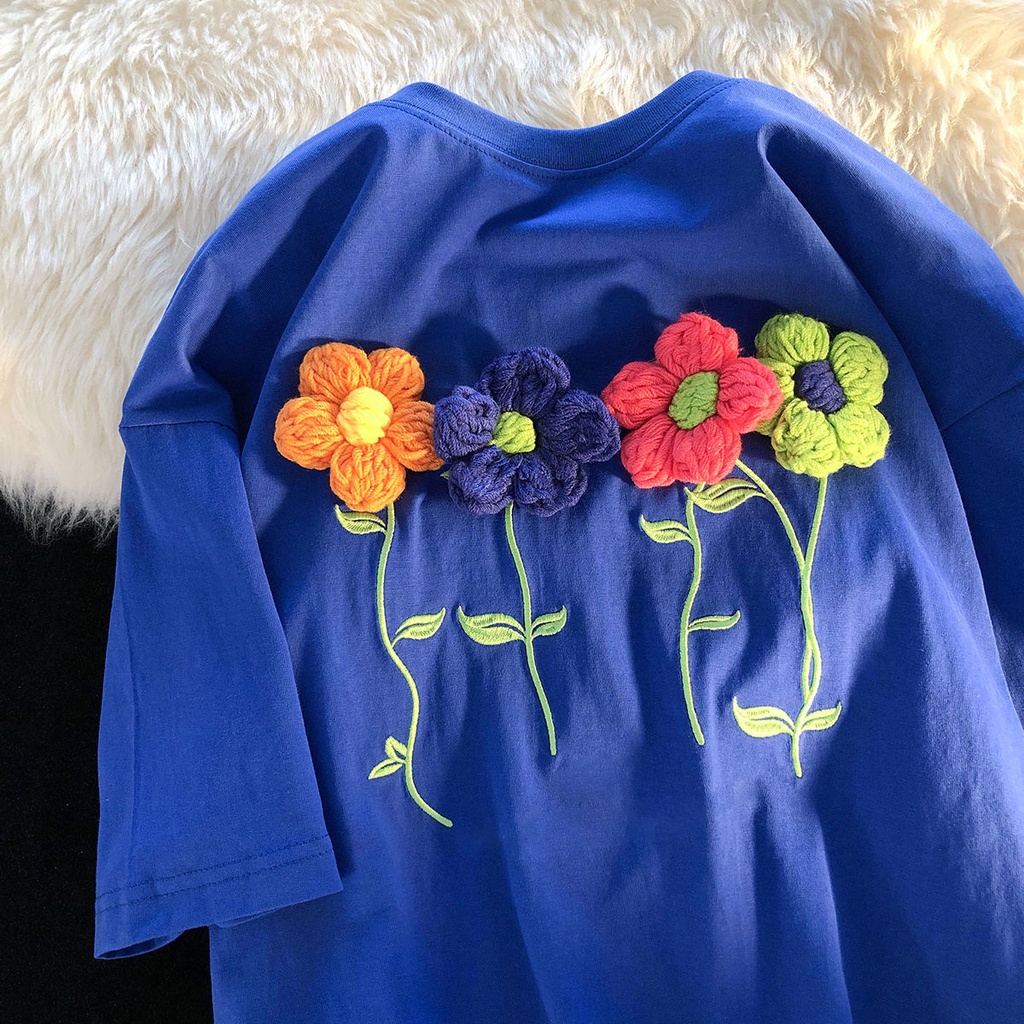 Áo Thun Ngắn Tay In Họa Tiết Hoa Nhỏ Màu Xanh Dương Phong Cách Âu Mỹ Thời Trang Mùa Hè 2022