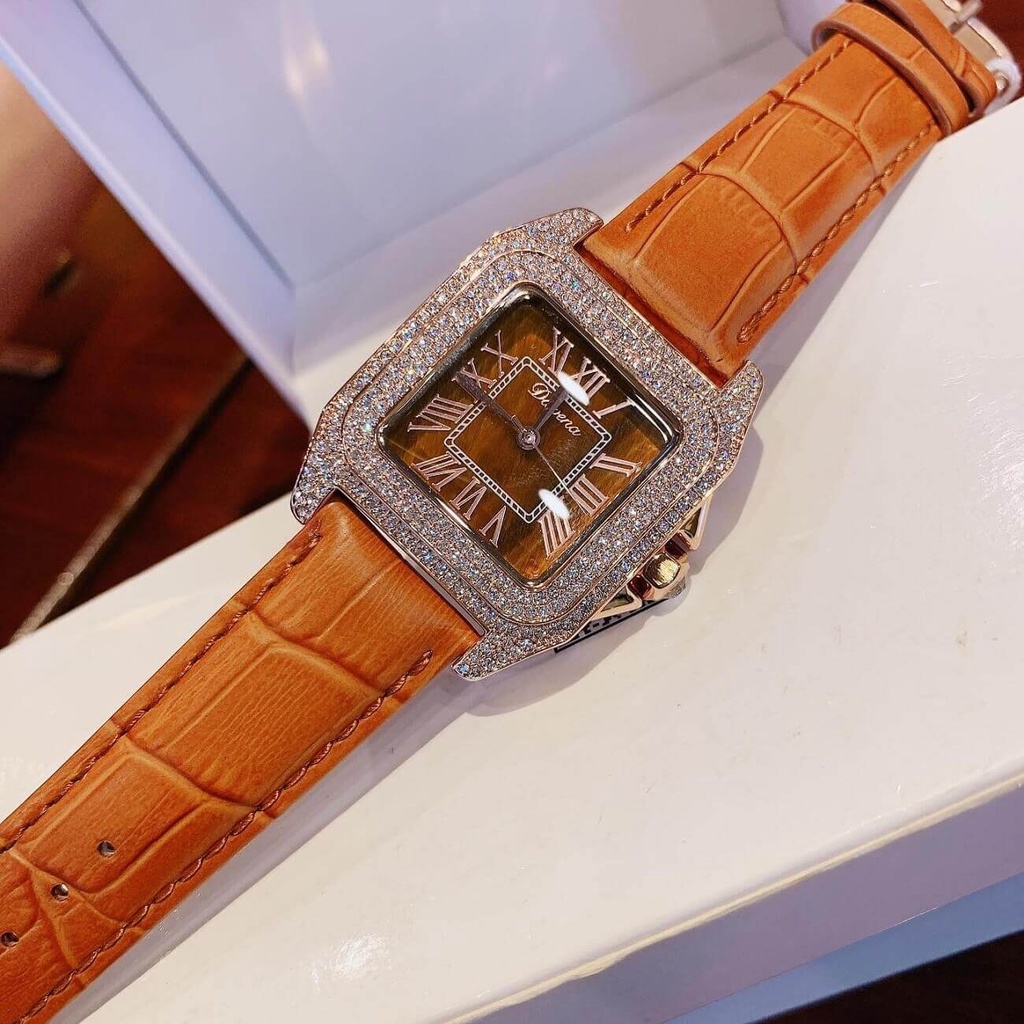 Đồng Hồ Nữ Davena 31269 Dáng Vuông Dây Da Nâu Chính Hãng